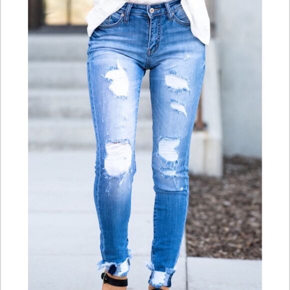Medium Wash Mid Rise Distressed Jeans - Picture 11 of 14